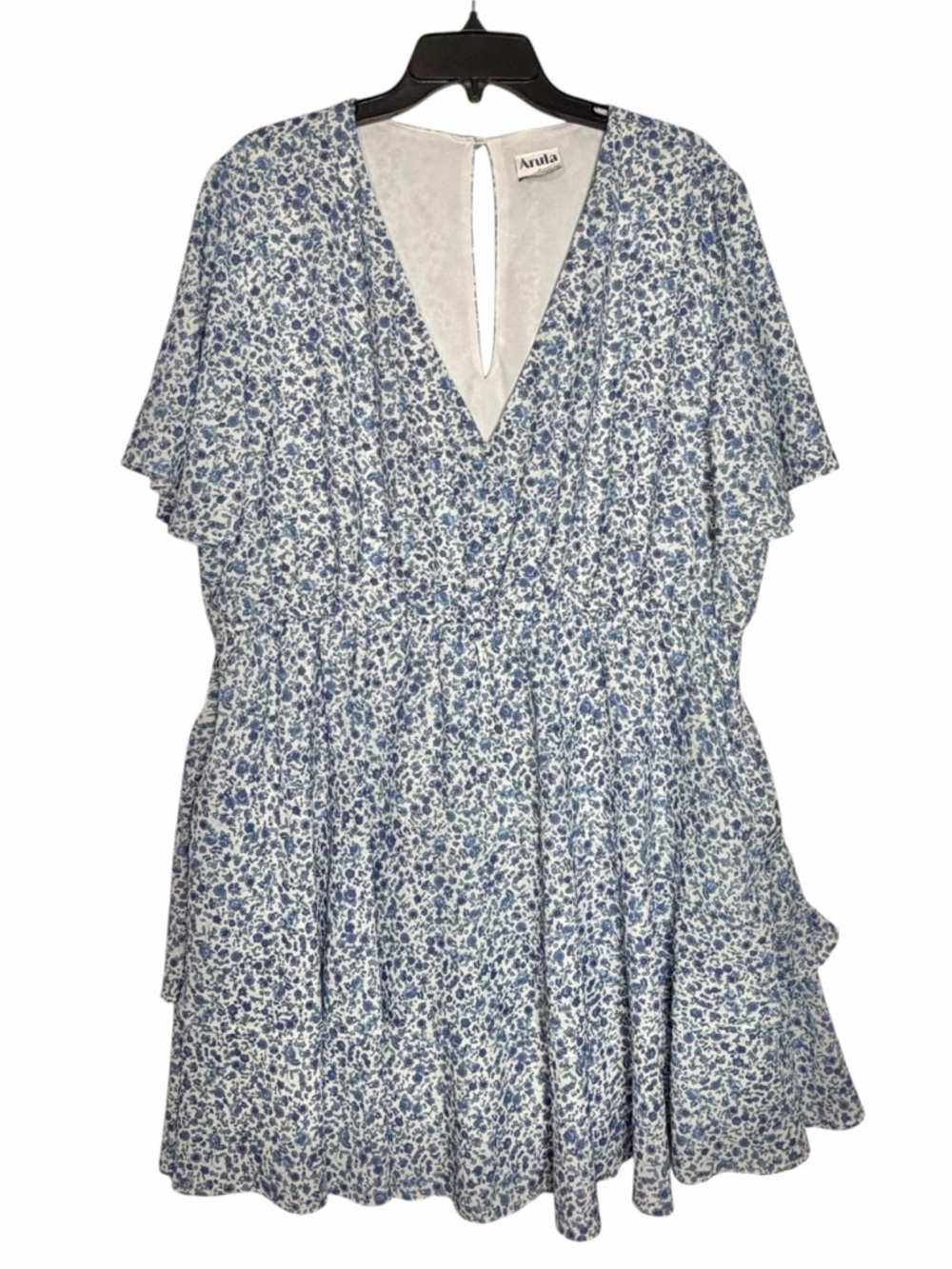 Arula Dress B 2X Blue Ditzy Floral V Neck Tiered Mini Pockets Elastic Waist